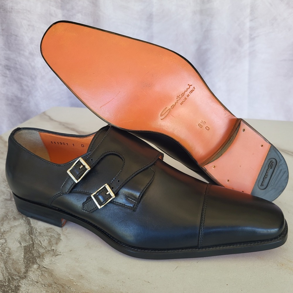 Santoni Double Monk Strap Dress Shoes Black Men's Size 8.5 D
